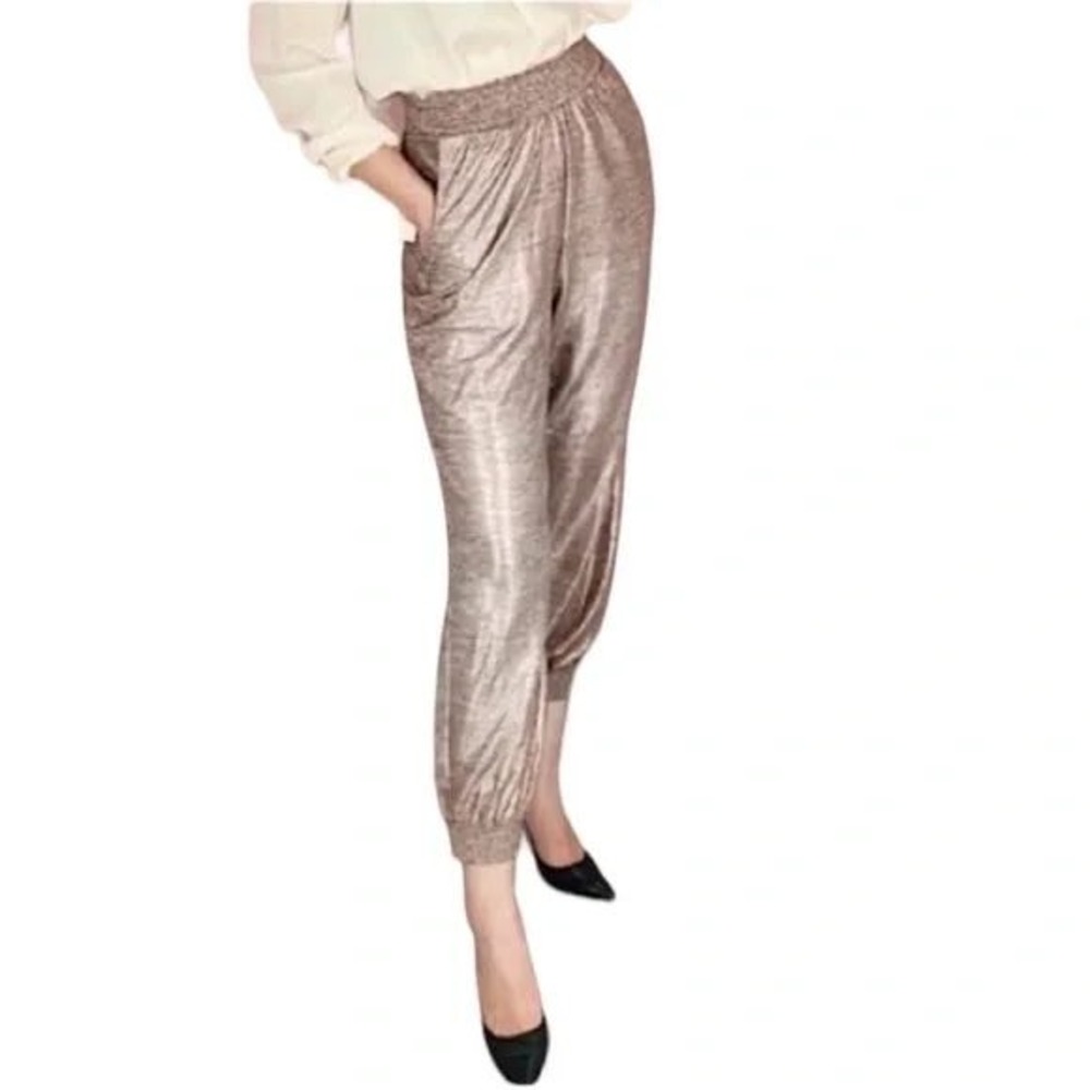 Anthropologie Gillian Shimmer Rose Gold Joggers Size XS Smocked Waist